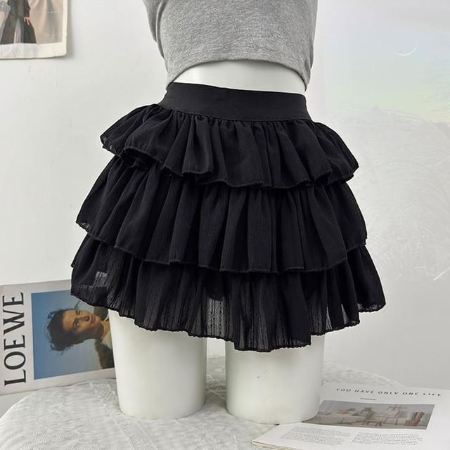 High Waist Plain Tiered Ruffle Mini A-Line Skirt