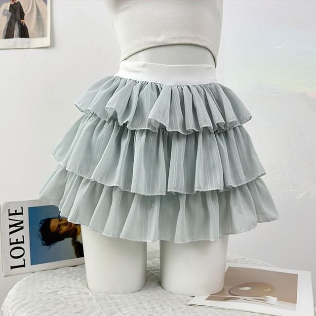 High Waist Plain Tiered Ruffle Mini A-Line Skirt