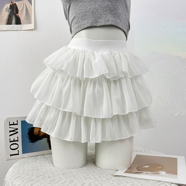 High Waist Plain Tiered Ruffle Mini A-Line Skirt