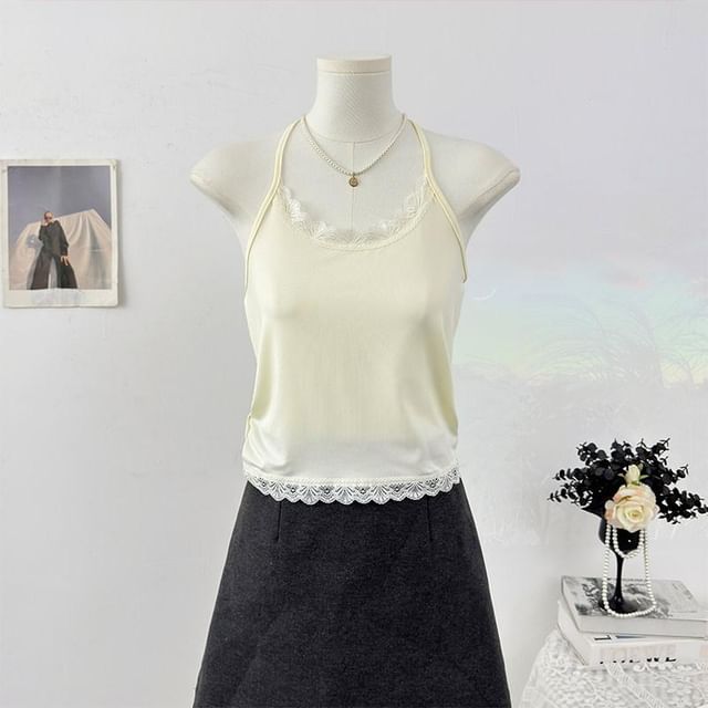 Halter Neck Lace Trim Open Back Crop Top