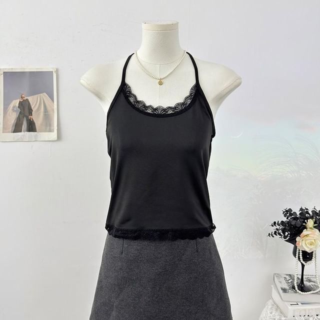 Halter Neck Lace Trim Open Back Crop Top