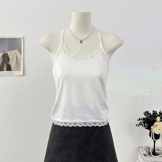 Halter Neck Lace Trim Open Back Crop Top