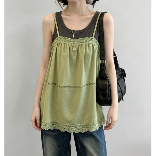 Lace-Trim A-Line Camisole & Plain Tank Top Set