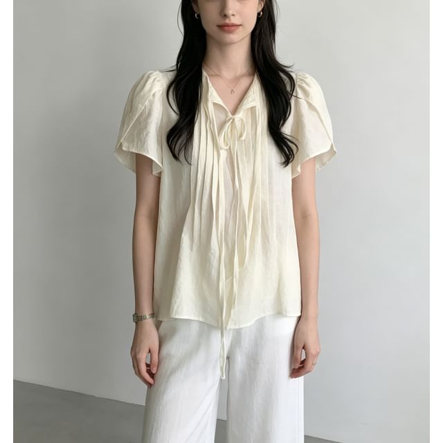 Tie-Neck Pleated Loose-Fit Short Sleeve Blouse