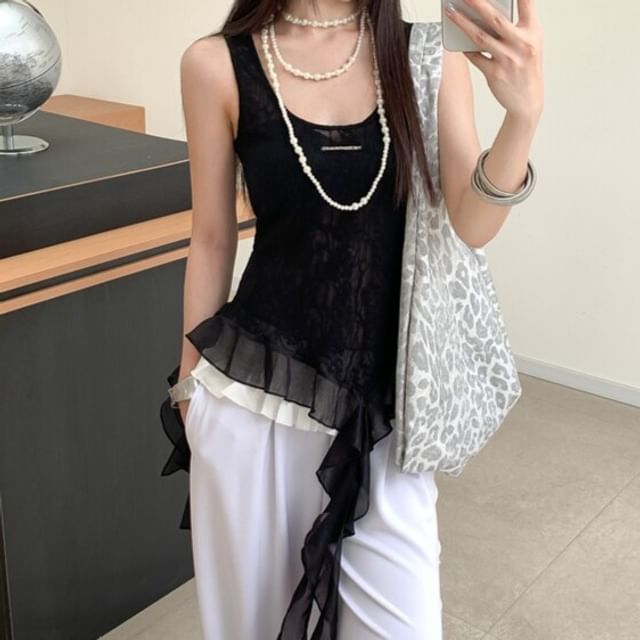 Scoop Neck Floral Ruffle Asymmetrical Lace Tank Top