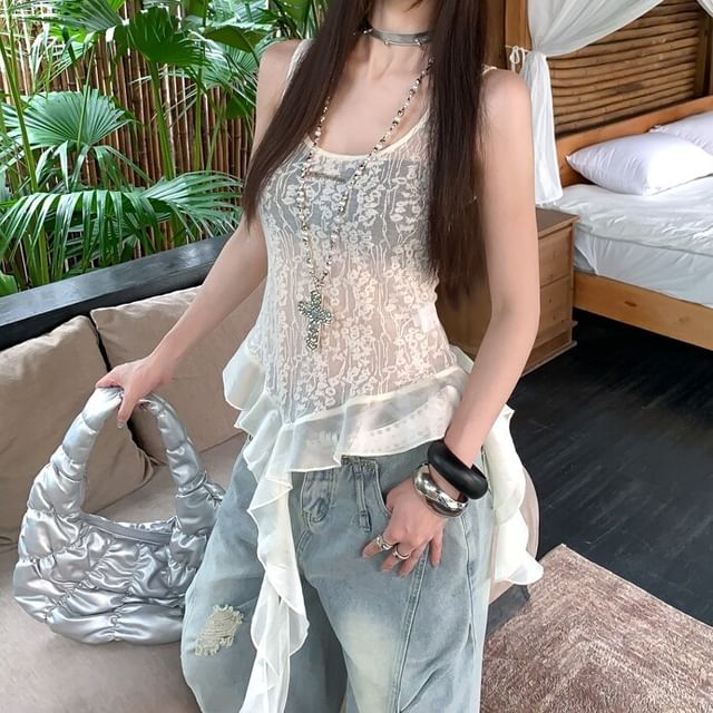 Scoop Neck Floral Ruffle Asymmetrical Lace Tank Top
