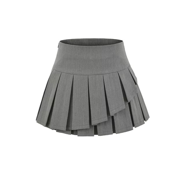High Waist Plain Asymmetrical Pleated Mini A-Line Skirt