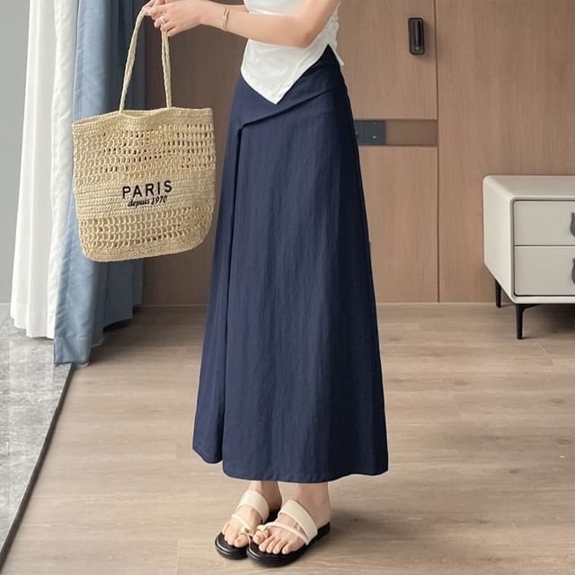 High Waist Plain Slit Midi A-Line Skirt