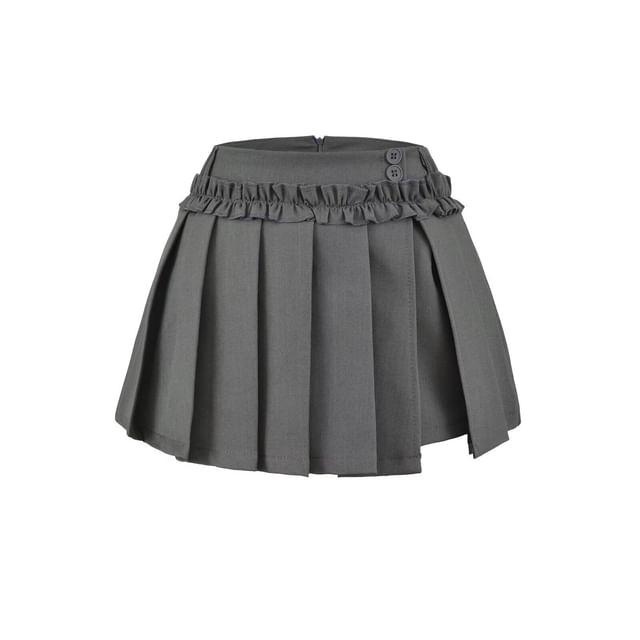 Mid Rise Plain Ruffle Trim Mini Pleated Skirt