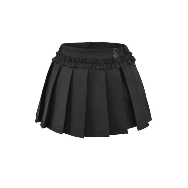 Mid Rise Plain Ruffle Trim Mini Pleated Skirt