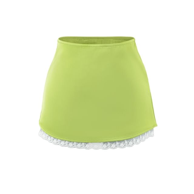 High Waist Lace Trim Satin Mini A-Line Skirt