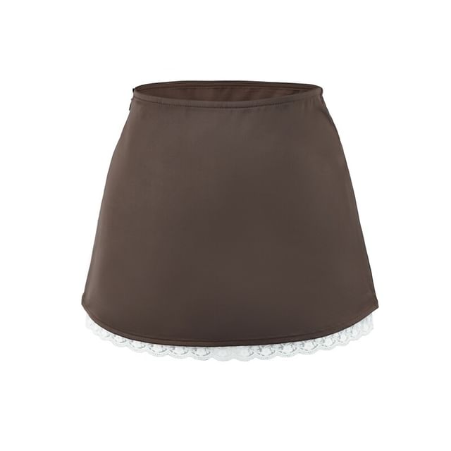 High Waist Lace Trim Satin Mini A-Line Skirt