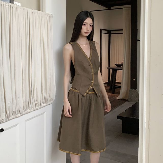 V-Neck Button-Up Vest / Mid Waist Midi A-Line Skirt