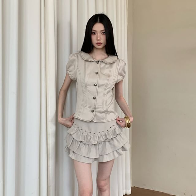 Short-Sleeve Peter Pan Collar Crop Shirt / Mini Tiered Skirt
