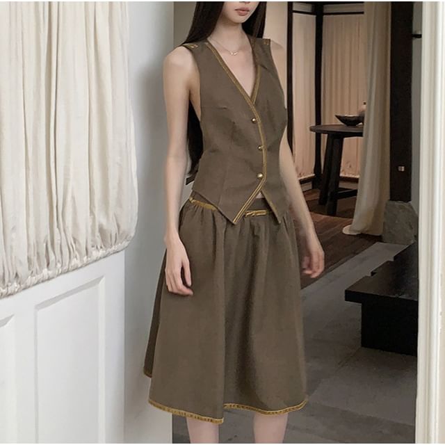V-Neck Button-Up Vest / Mid Waist Midi A-Line Skirt