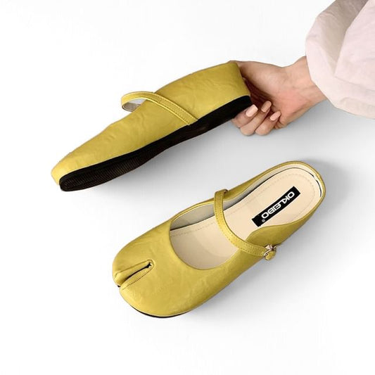 Hidden Wedge Split Toe Plain Faux Leather Mary Jane Mules