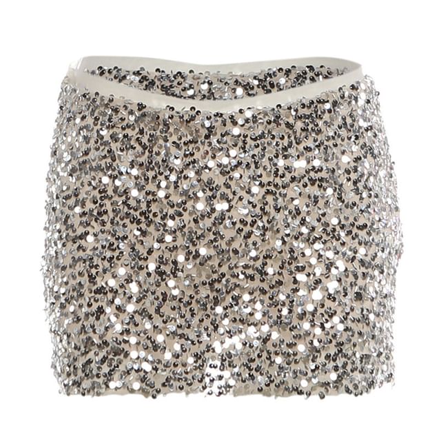 Halter Plain Fringe Crop Top / Mid Rise Sequin Mesh Mini Pencil Skirt