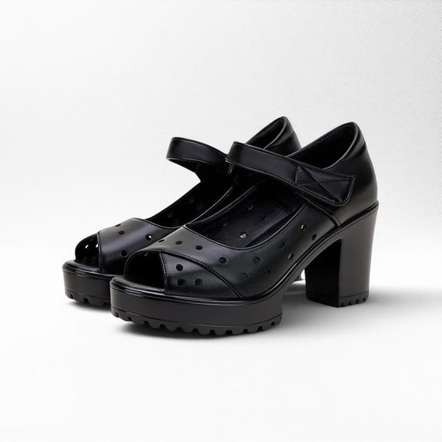 Block Heel Peep Toe Perofrated Sandals (Various Designs)