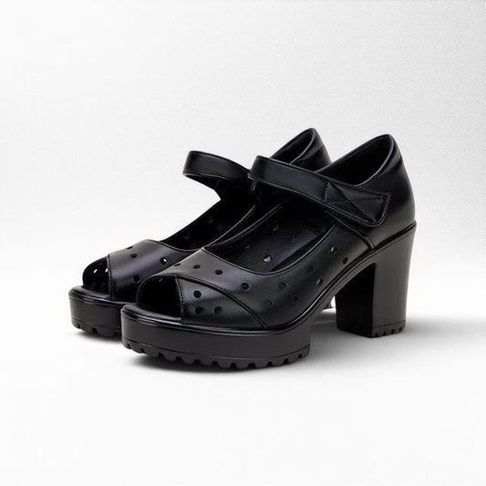 Block Heel Peep Toe Perofrated Sandals (Various Designs)