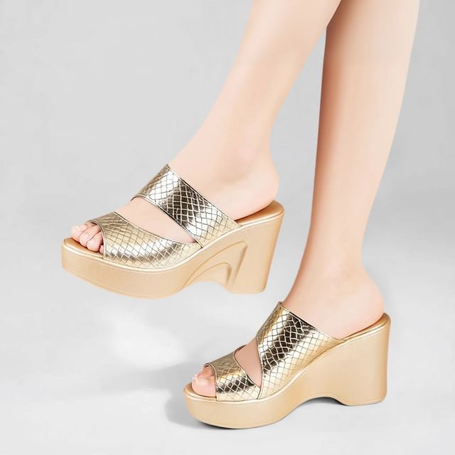 Wedge Heel Croc Grain Slide Sandals