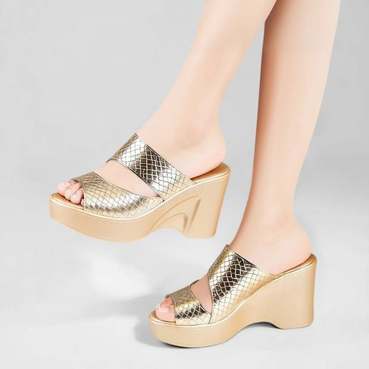 Wedge Heel Croc Grain Slide Sandals