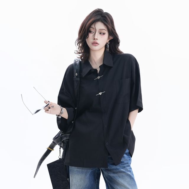 Elbow-Sleeve Collared Button-Up Shirt