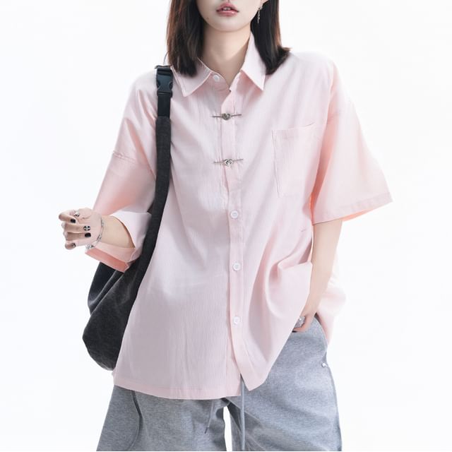 Elbow-Sleeve Collared Button-Up Shirt