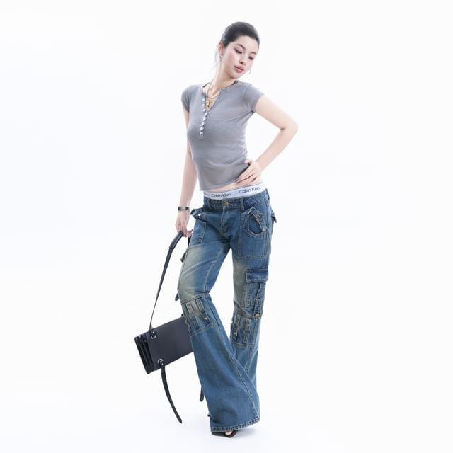 Henley Neck Short-Sleeve Crop T-Shirt