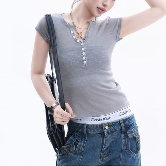 Henley Neck Short-Sleeve Crop T-Shirt