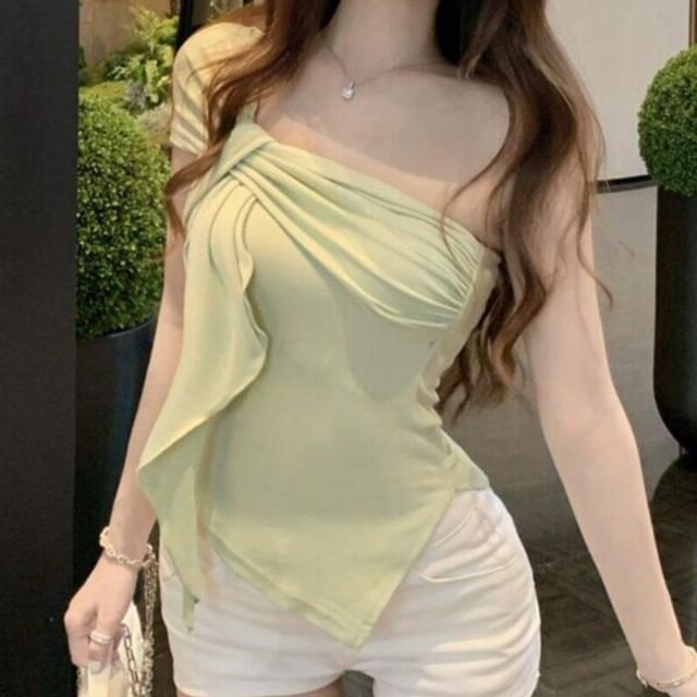 Sleeveless One Shoulder Plain Ruched Asymmetrical Top
