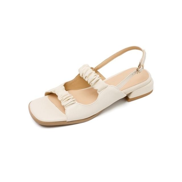 Low Heel Square Toe Plain Ruched Faux Leather Slingback Sandals