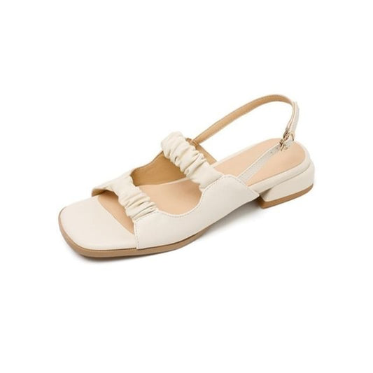 Low Heel Square Toe Plain Ruched Faux Leather Slingback Sandals