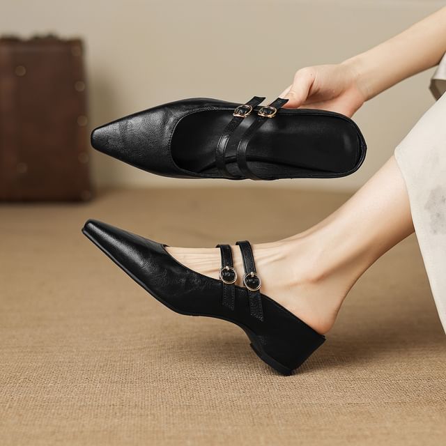 High Heel Pointed Toe Double Strap Plain Faux Leather Mary Jane Mules