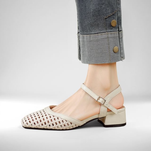 Chunky Heel Square Toe Plain Perforated Faux Leather Sandals