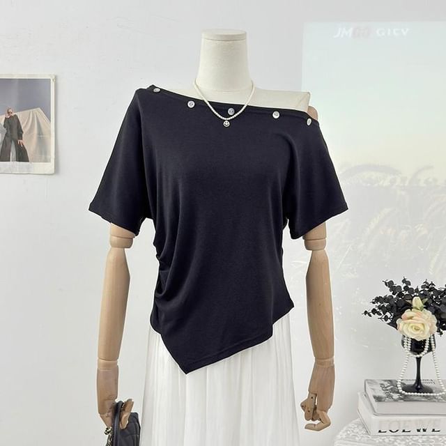 Off-Shoulder Embellished Asymmetrical Short-Sleeve T-Shirt