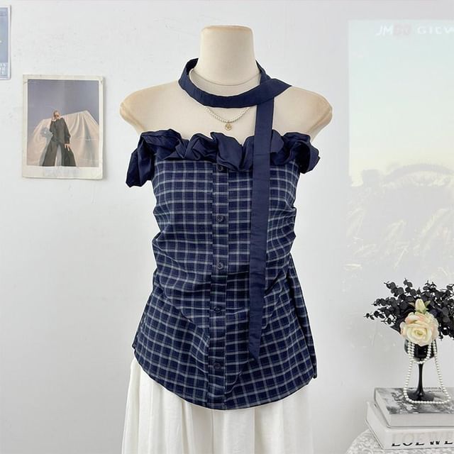 Strapless Ruffled Plaid Top & Twilly Set