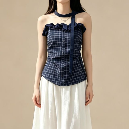 Strapless Ruffled Plaid Top & Twilly Set