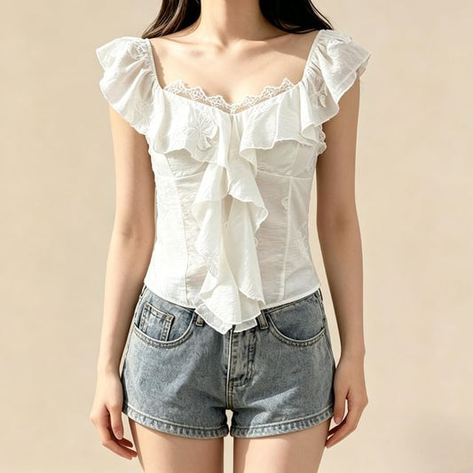 Cap-Sleeve V-Neck Ruffled Top