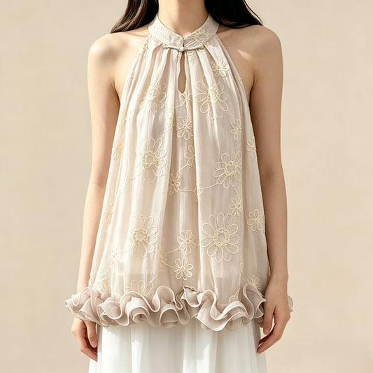 Sleeveless Floral Jacquard Ruffled Top