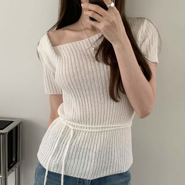 Asymmetric Neckline Ribbed Knit Slim-Fit Short Sleeve Top