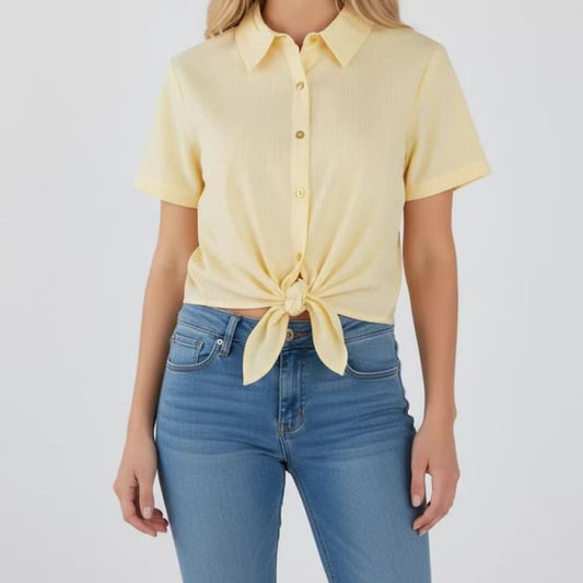 Short Sleeve Striped Knotted Crop Shirt