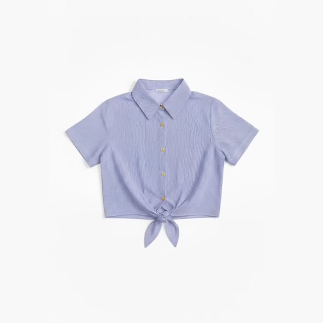 Short Sleeve Striped Knotted Crop Shirt