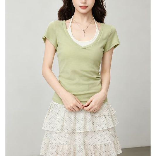 Short Sleeve V Neck Plain Slim Fit Top Halter Neck Camisole