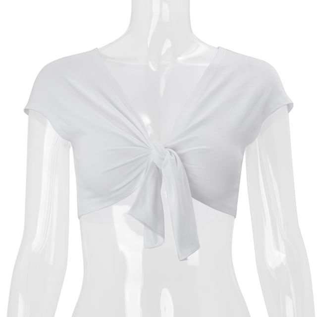 Cap Sleeve V-Neck Plain Tie Front Crop Top