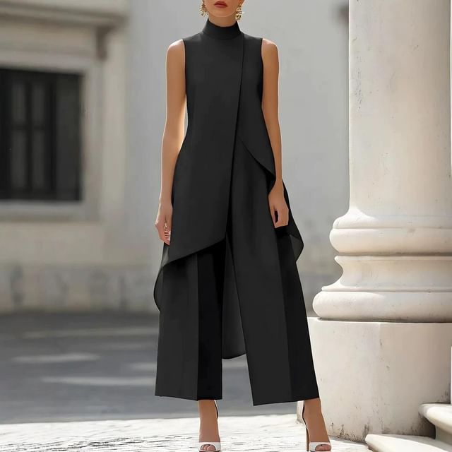 Set: Sleeveless Stand Collar Plain Asymmetrical Top + High Waist Wide Leg Pants