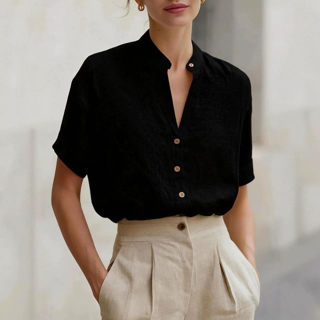 Short Sleeve Band Collar Plain Blouse