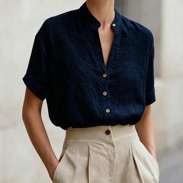 Short Sleeve Band Collar Plain Blouse