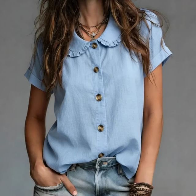 Short Sleeve Frill Collar Plain Blouse