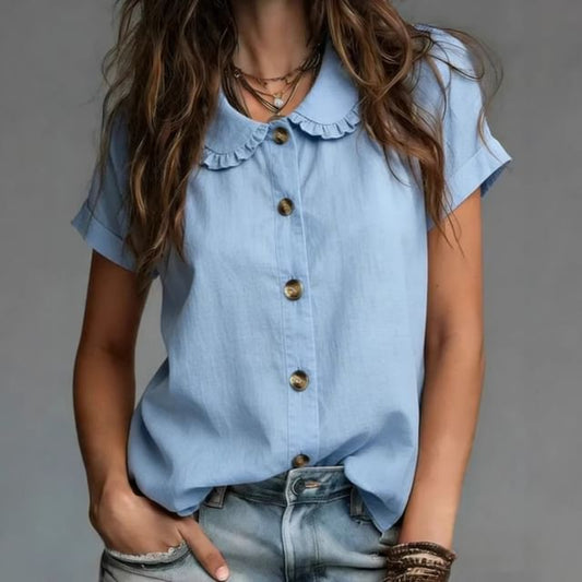Short Sleeve Frill Collar Plain Blouse