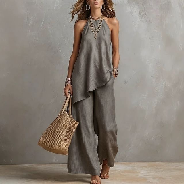 Set: Plain Asymmetrical Camisole Top + High Waist Wide Leg Pants
